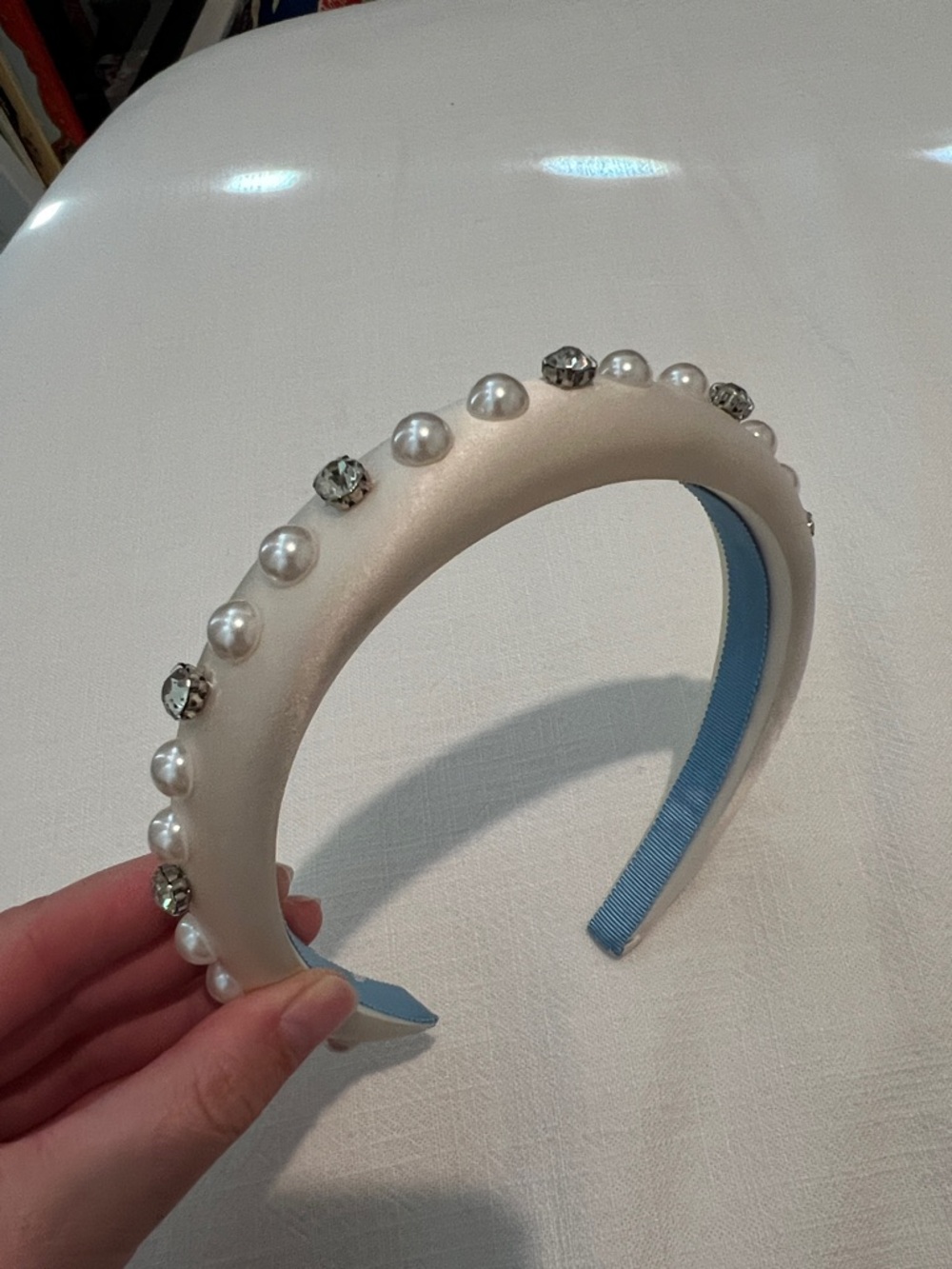 kate spade Ivory Satin Pearl & Crystal Padded Headband with Blue Lining